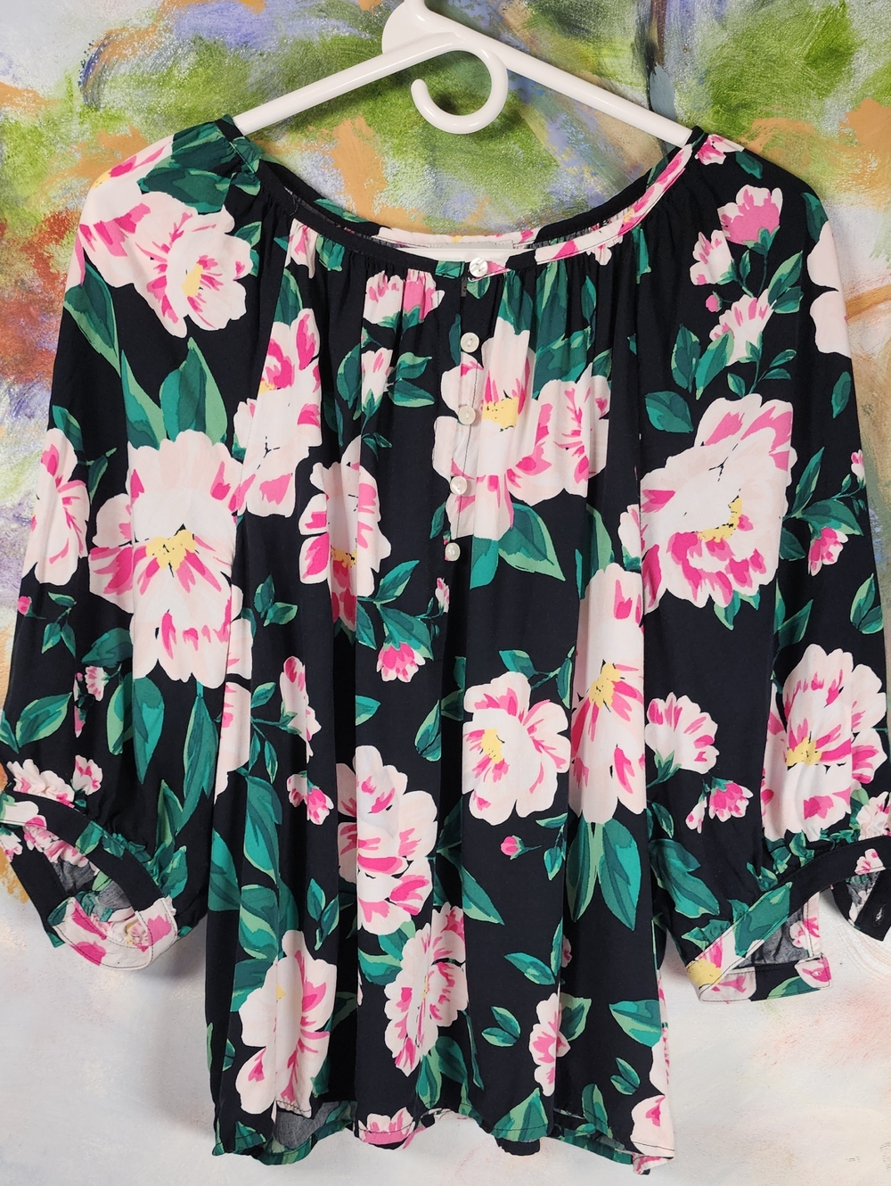 Black Floral Blouse with Pink Blooms